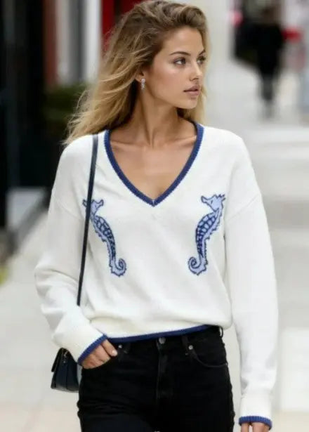 Seahorse Knit Sweater With V Neck Marine Motif And Two Seahorses Miss Sparkling