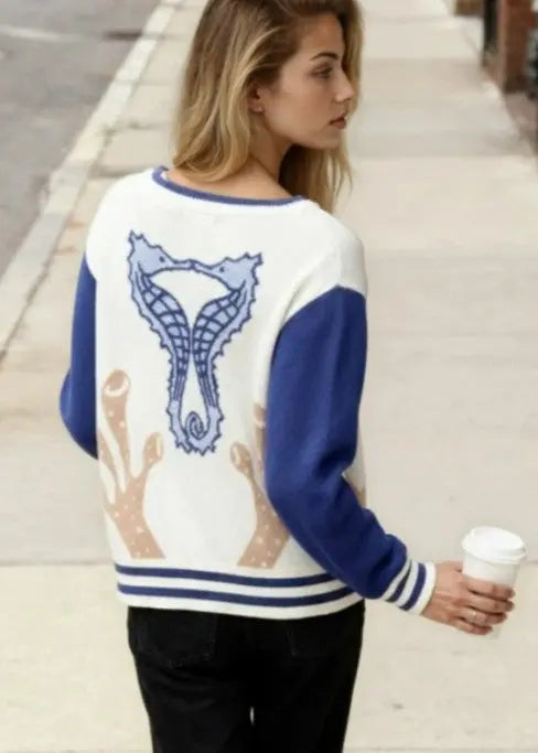 Seahorse Coral Knit Cardigan With V Neck And Ocean Motifs Miss Sparkling