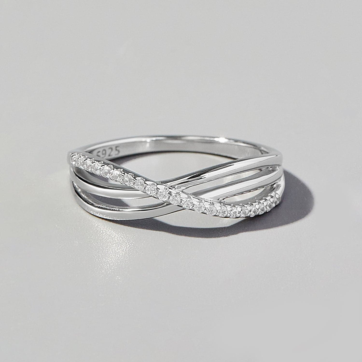 Crisscross Inlaid Zircon 925 Sterling Silver Ring.