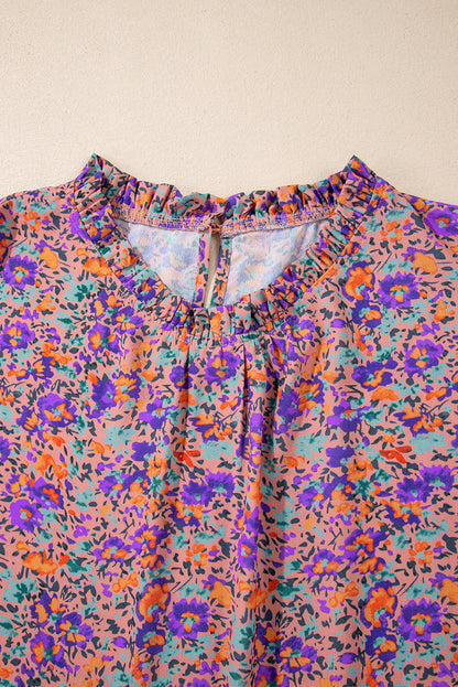 Charming purple floral frilled blouse with shirred cuffs