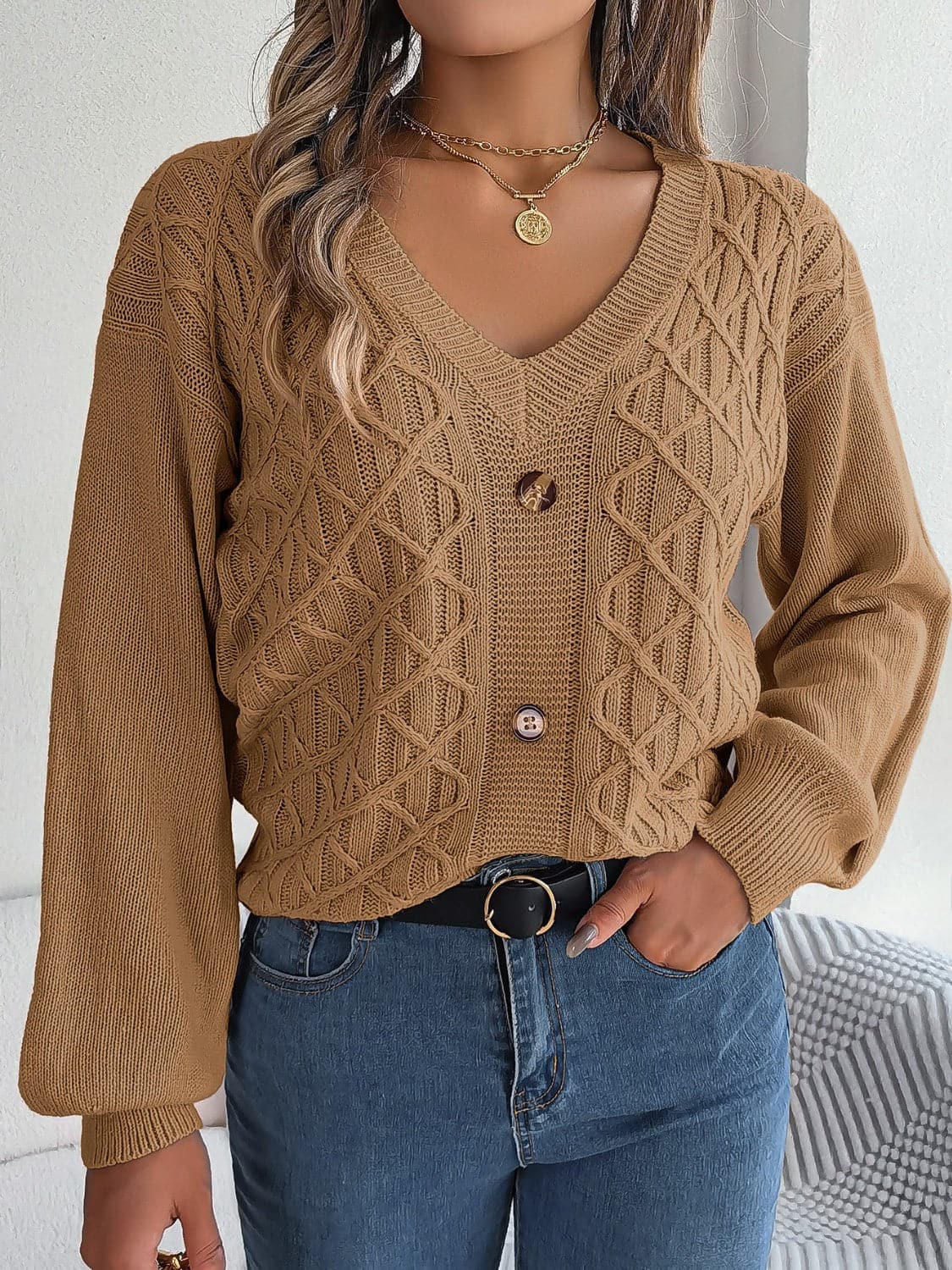 Cable-Knit V-Neck Lantern Sleeve Sweater.