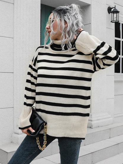 Striped Slit Turtleneck Drop Shoulder Sweater.