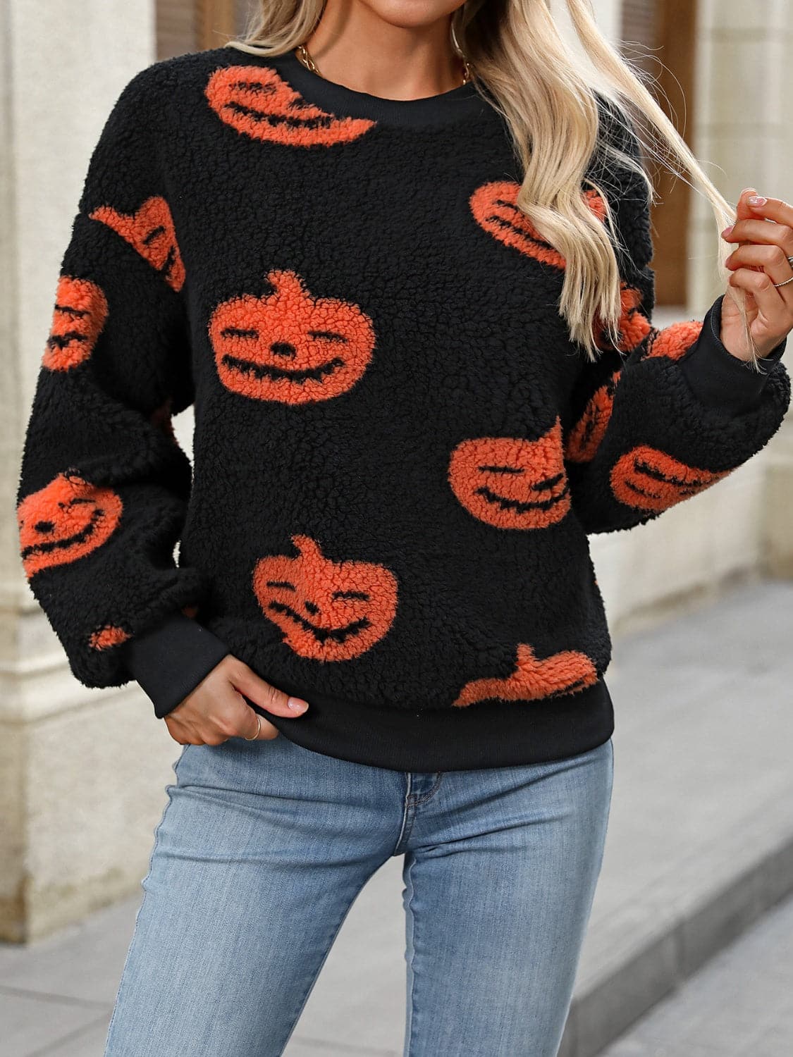 Fuzzy Pumpkin Round Neck Dropped Shoulder Sweater.