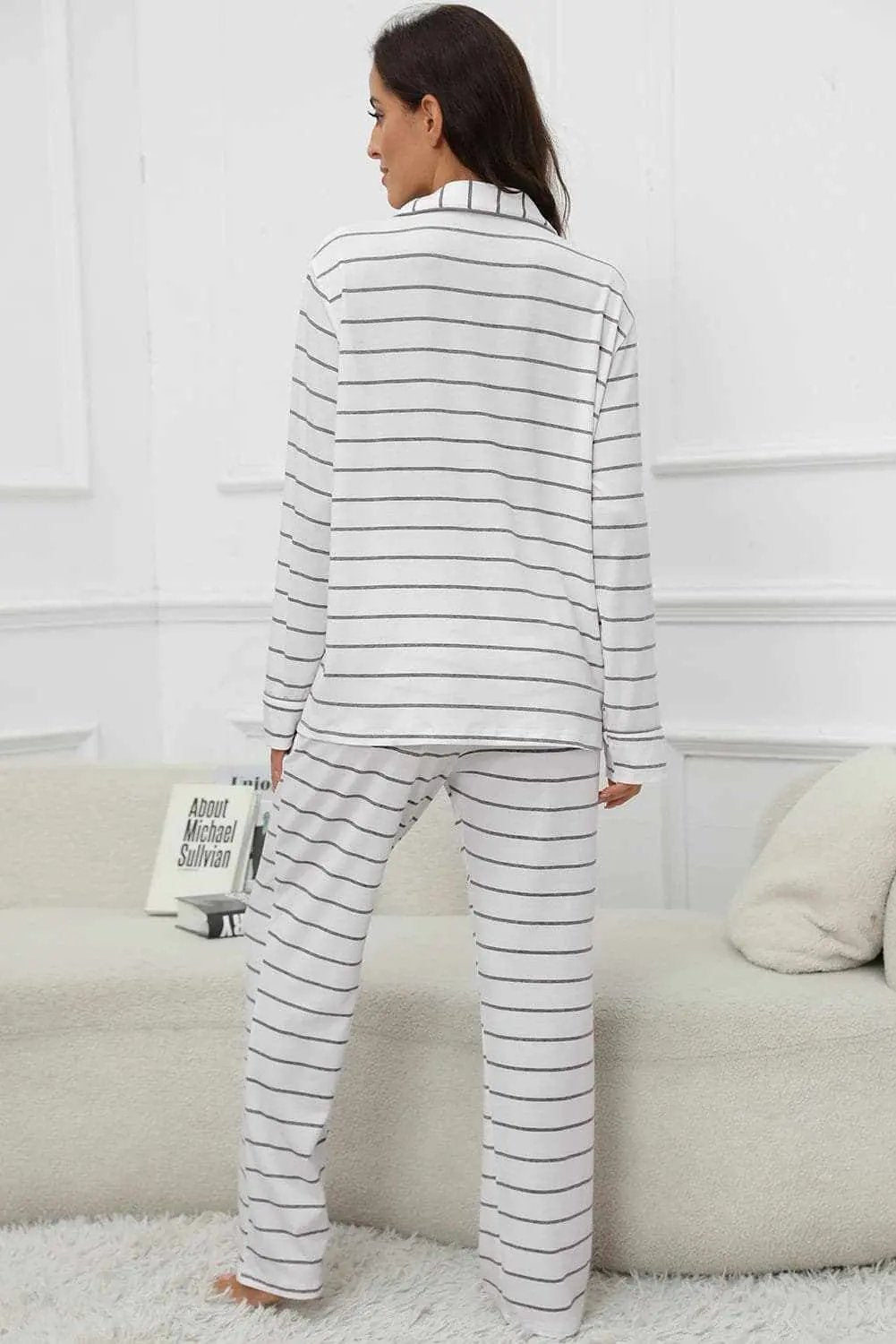Chic striped lounge set, v-neck, drawstring pants - Love Salve 