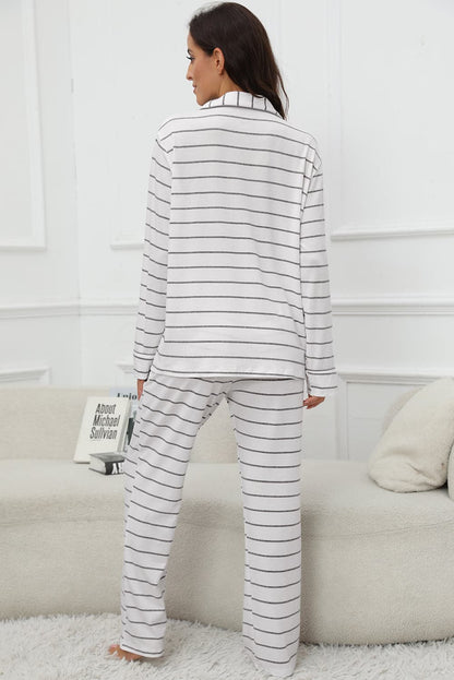 Striped V-Neck Long Sleeve Top and Pants Lounge Set.