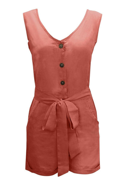 Full Size Tied V-Neck Sleeveless Romper with Pockets.