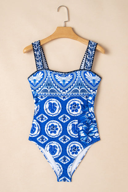 Exotic Blue Mosaic Ricrac Trim One-Piece Swimsuit with Wide Straps