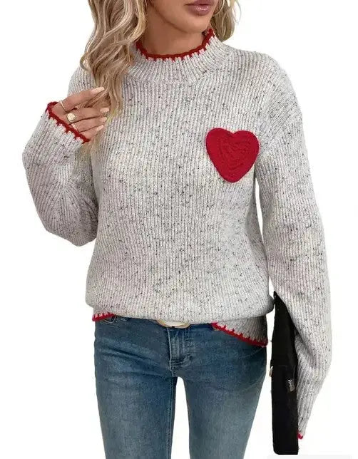 Knit Heart Patch Sweater With Textured Chest Detail And Trim Miss Sparkling