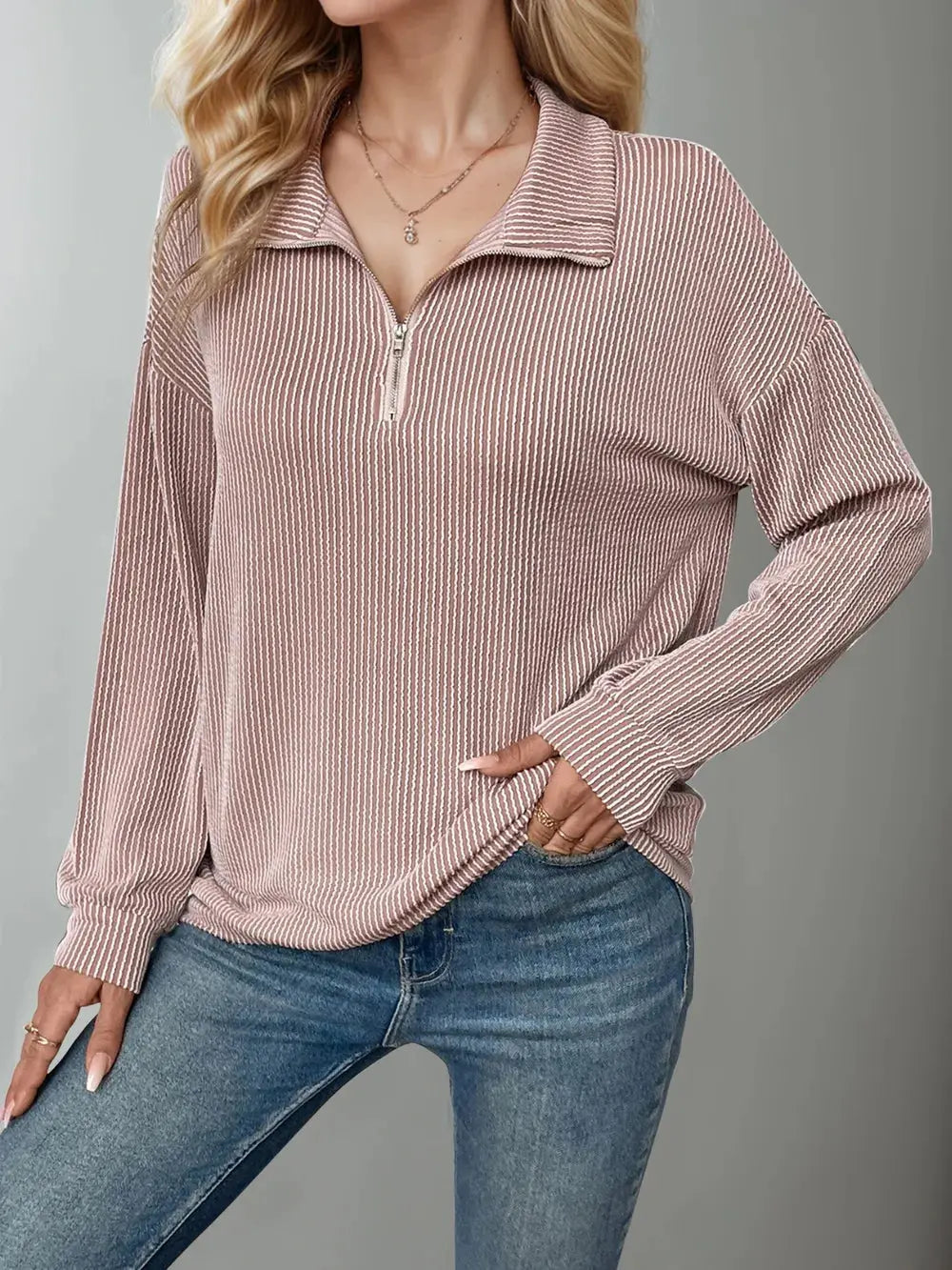 Double Take Striped Half Zip Long Sleeve T-Shirt - Love Salve