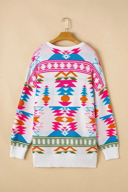 Stylish Geometric V-Neck Sweater with High-Low Hem