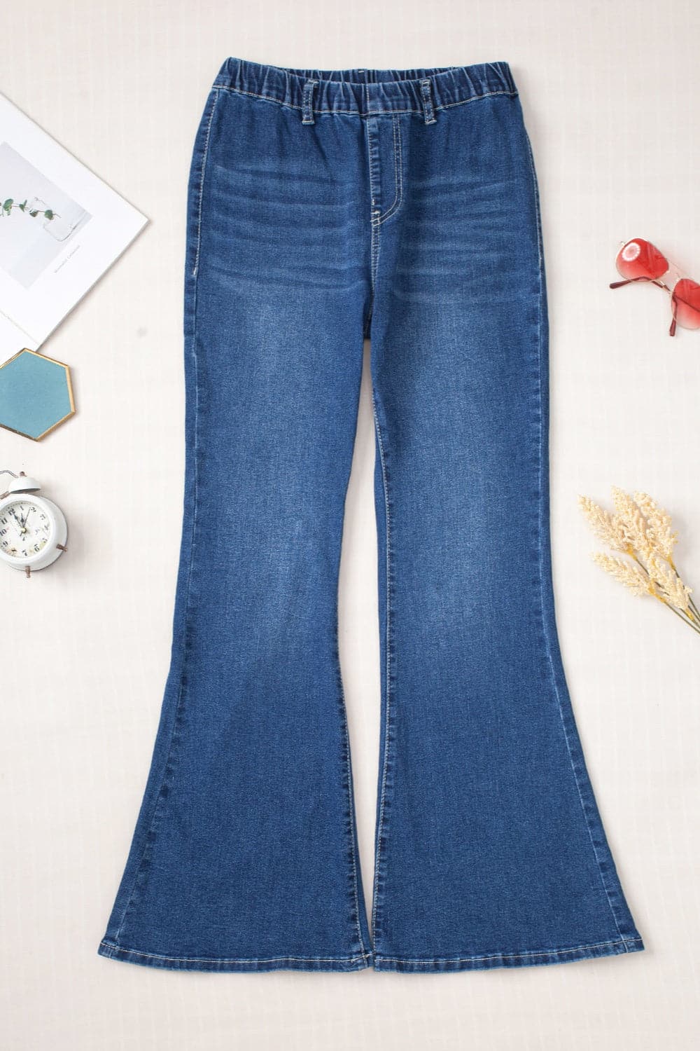 Elastic Waist Bootcut Jeans with Pockets.