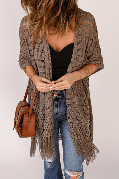 Fringe Hem Slit Open Front Cardigan.