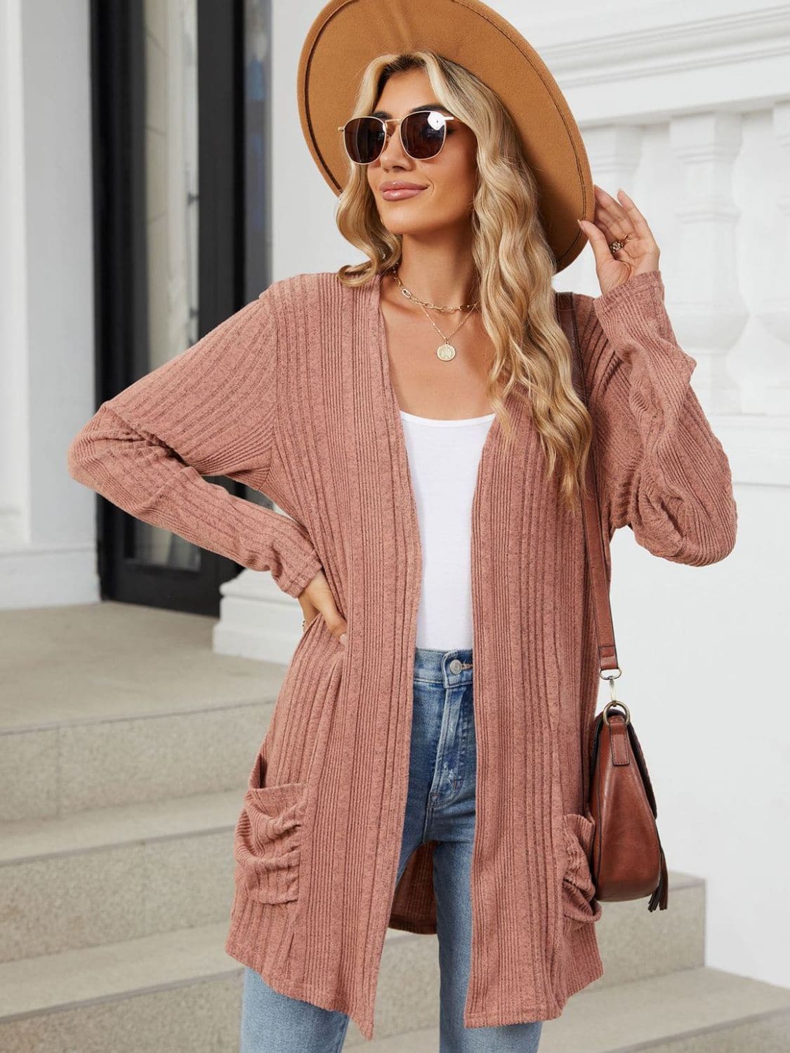 Pocketed Open Front Long Sleeve Cardigan.