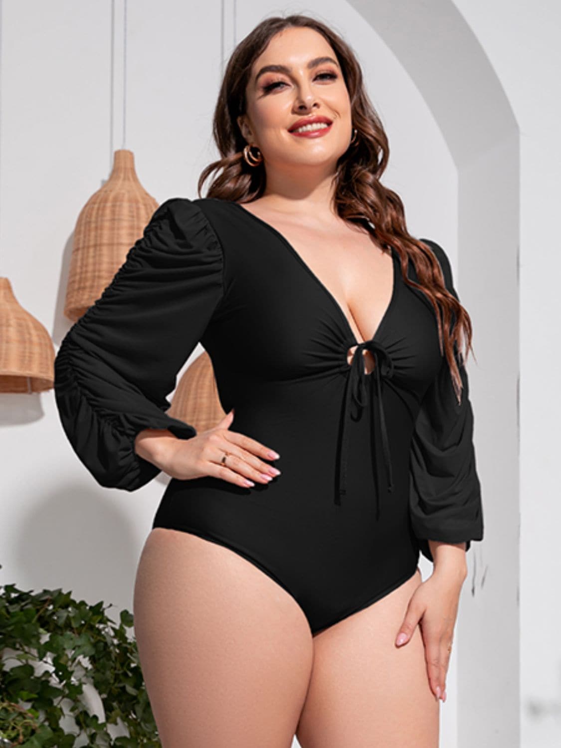 Plus Size Tied Deep V Balloon Sleeve One-Piece Swimsuit.