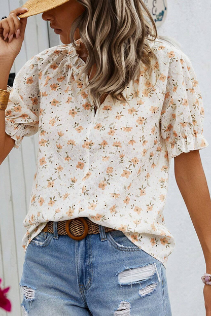 White Embroidered Floral Puff Sleeve V-Neck Blouse