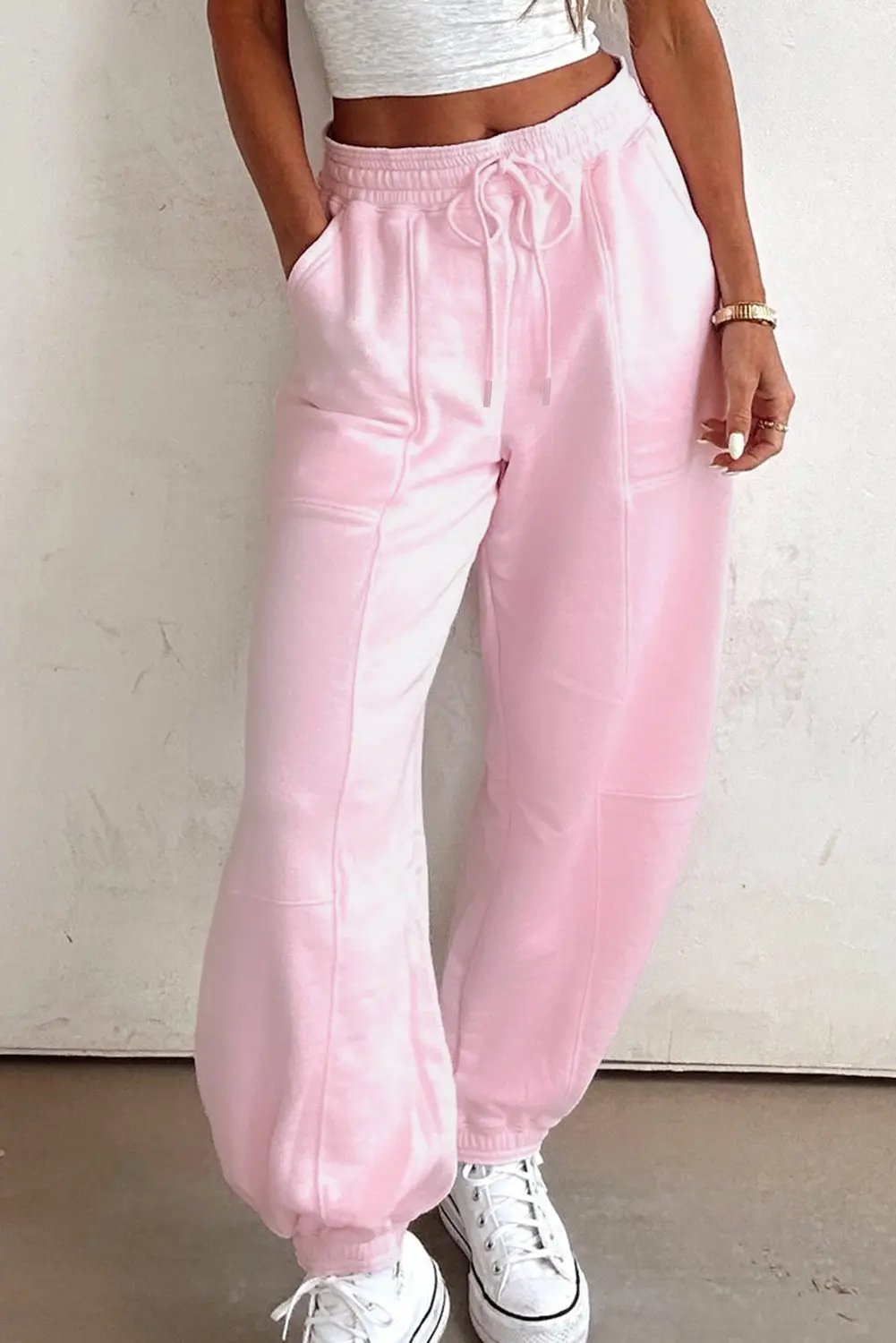 Light Pink Drawstring Waist Patchwork Solid Color Jogger Pants Love Salve