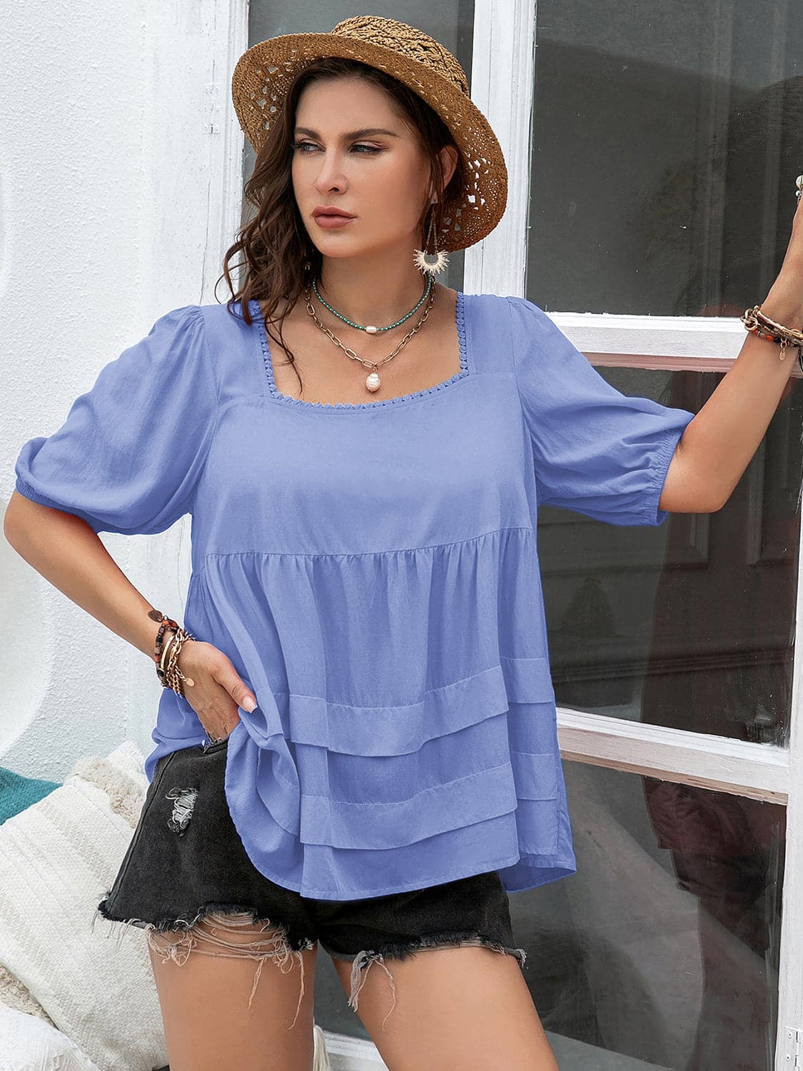 Plus Size Square Neck Half Sleeve Blouse.