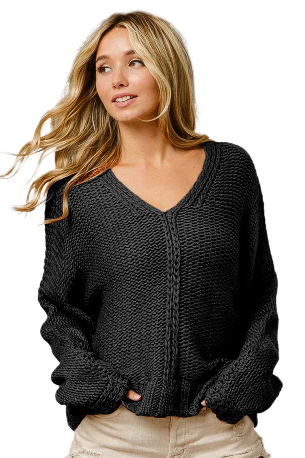 BiBi V-Neck Cable Knit Sweater.