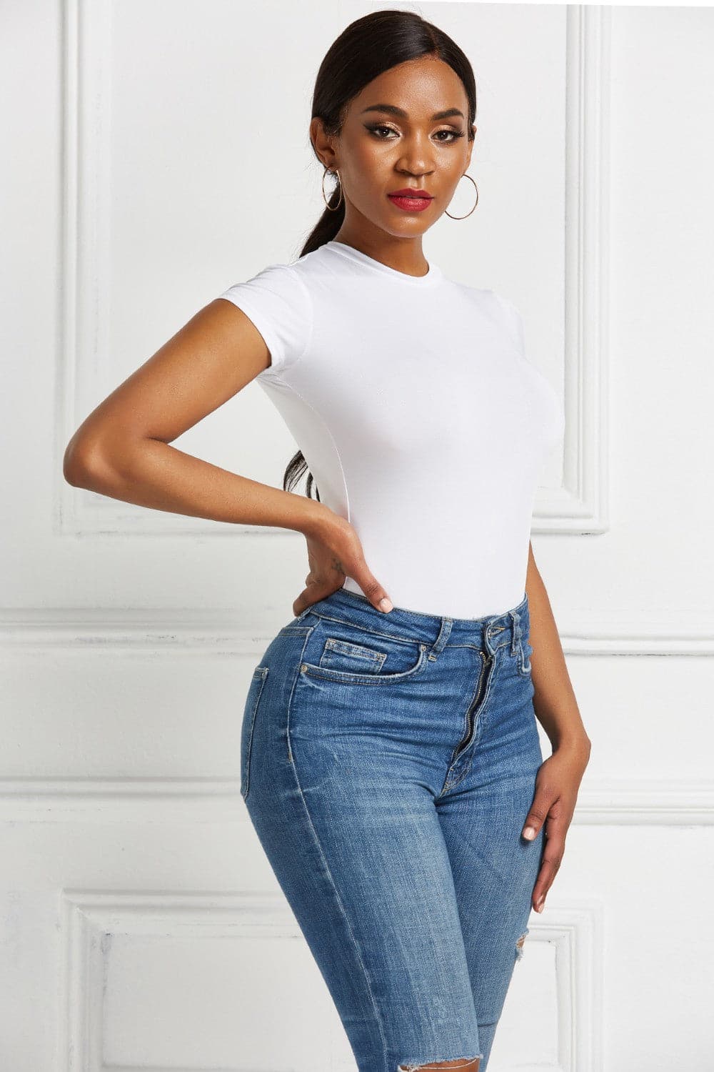 Round Neck Short Sleeve Bodysuit.