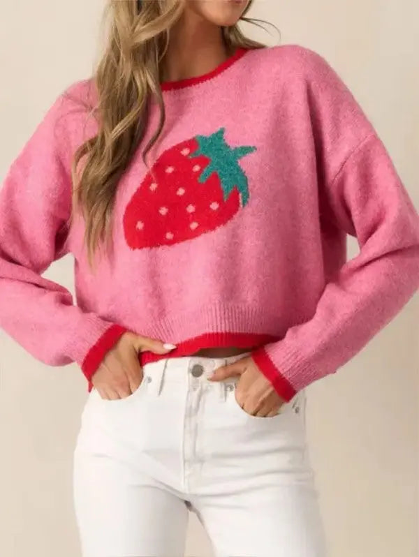 Miss Sparkling Strawberry Print Knit Sweater Miss Sparkling