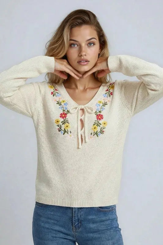 Miss Sparkling Floral Embroidered V-Neck Sweater Miss Sparkling