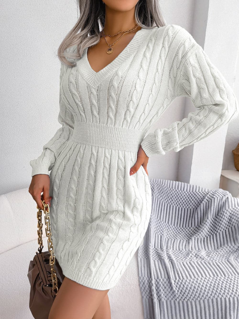 Cable-Knit V-Neck Mini Sweater Dress.