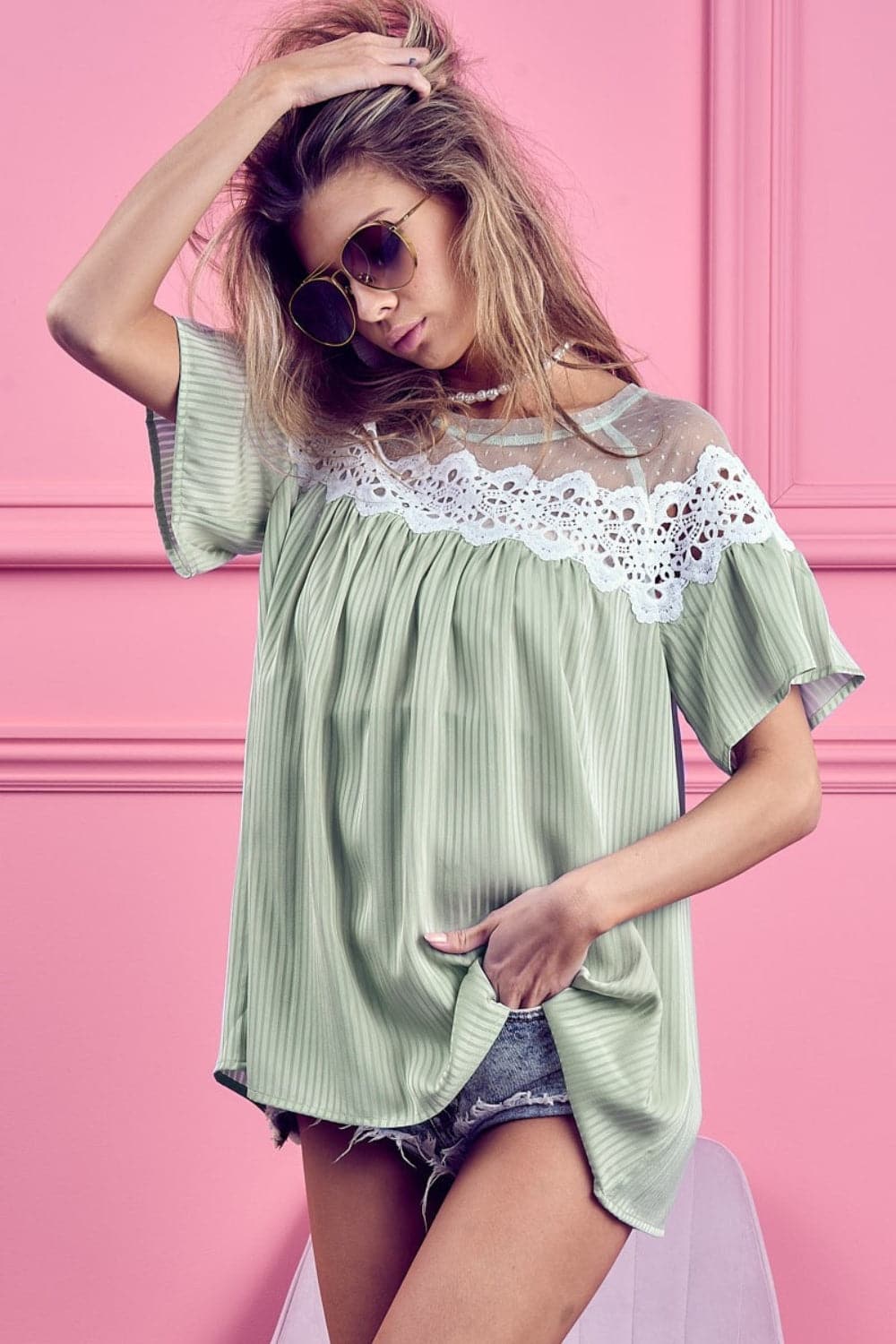 BiBi Lace Detail Short Sleeve Striped Blouse.