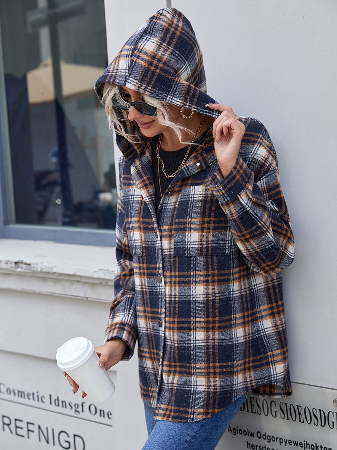 Plaid Button Up Long Sleeve Hooded Jacket.