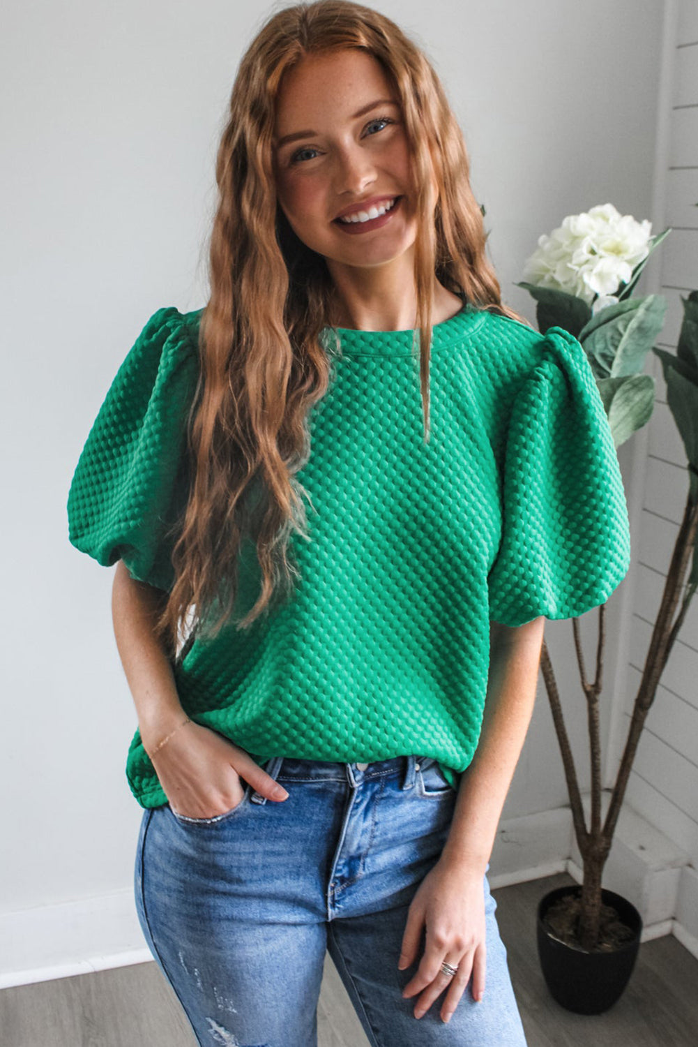 Textured Sea Green Puff Sleeve Blouse with O Neck Design