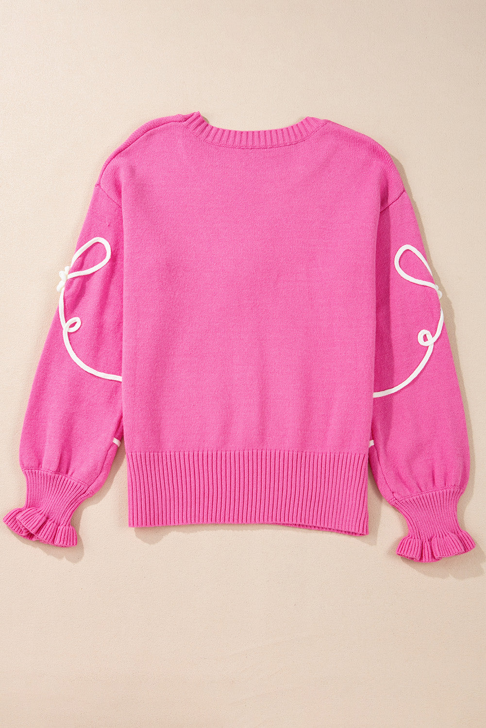 Charming Bright Pink Ribbed Trim Sweater with Flower Bow Detail