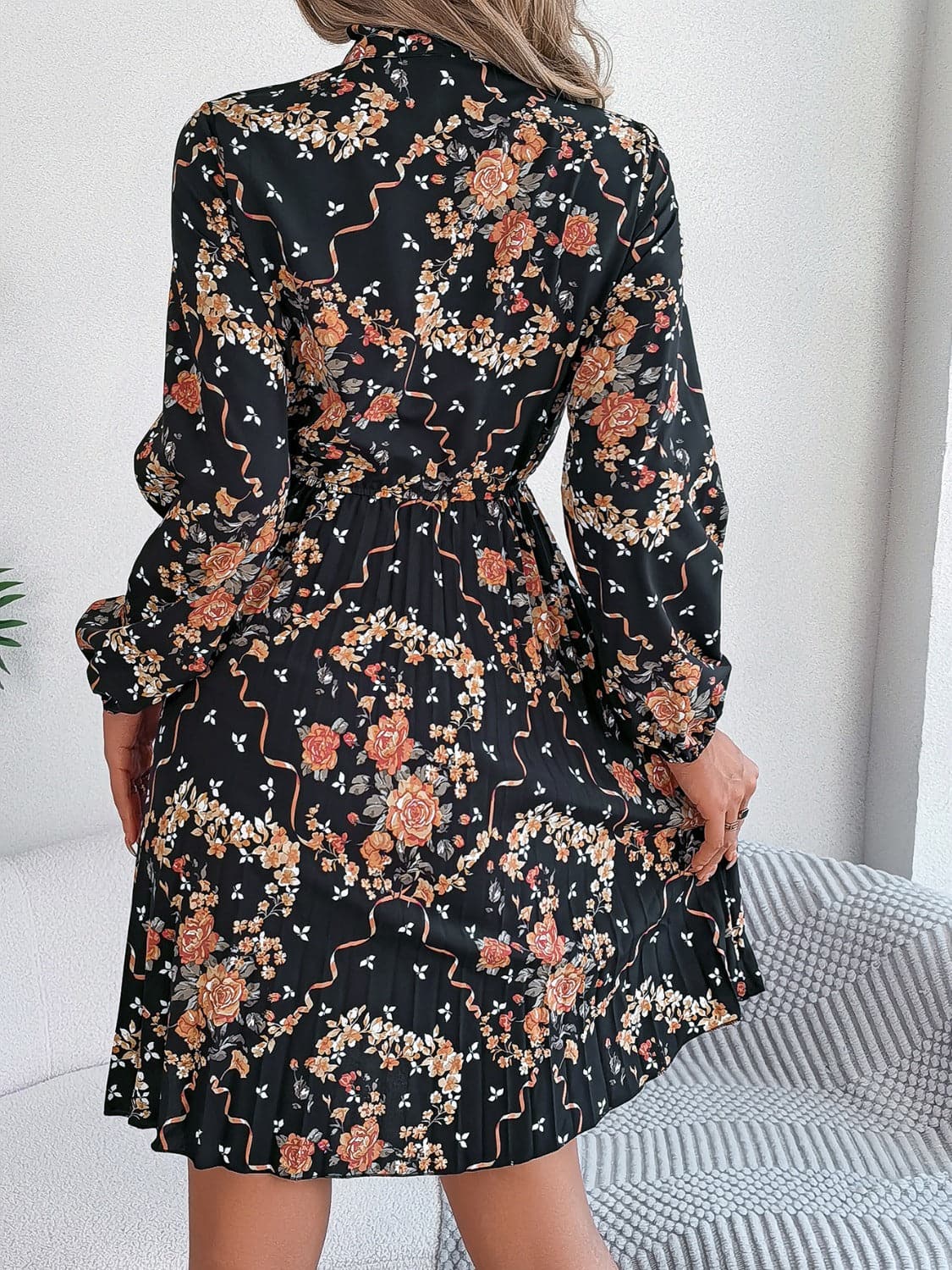 Pleated Printed Tie Neck Long Sleeve Dress.