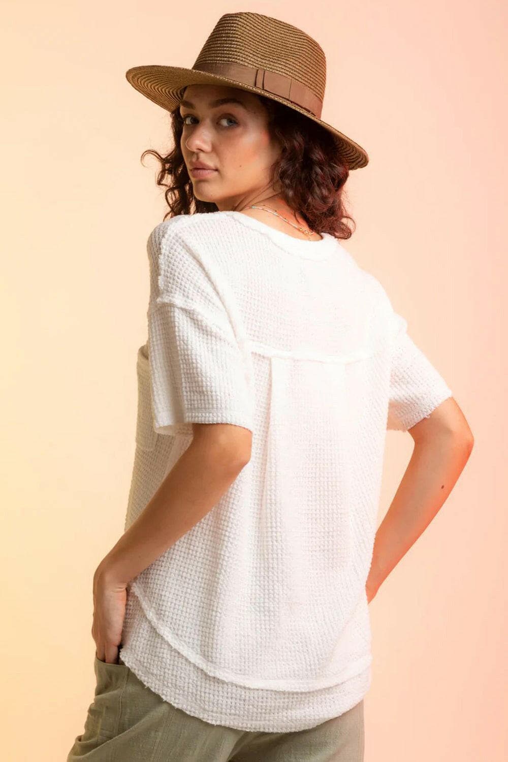 Waffle-Knit Notched Half Sleeve T-Shirt.