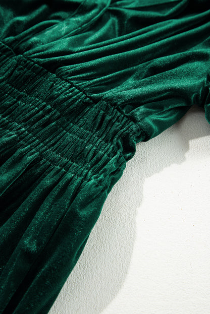 Evergreen velvet tiered maxi dress with shirred waist and short sleeves