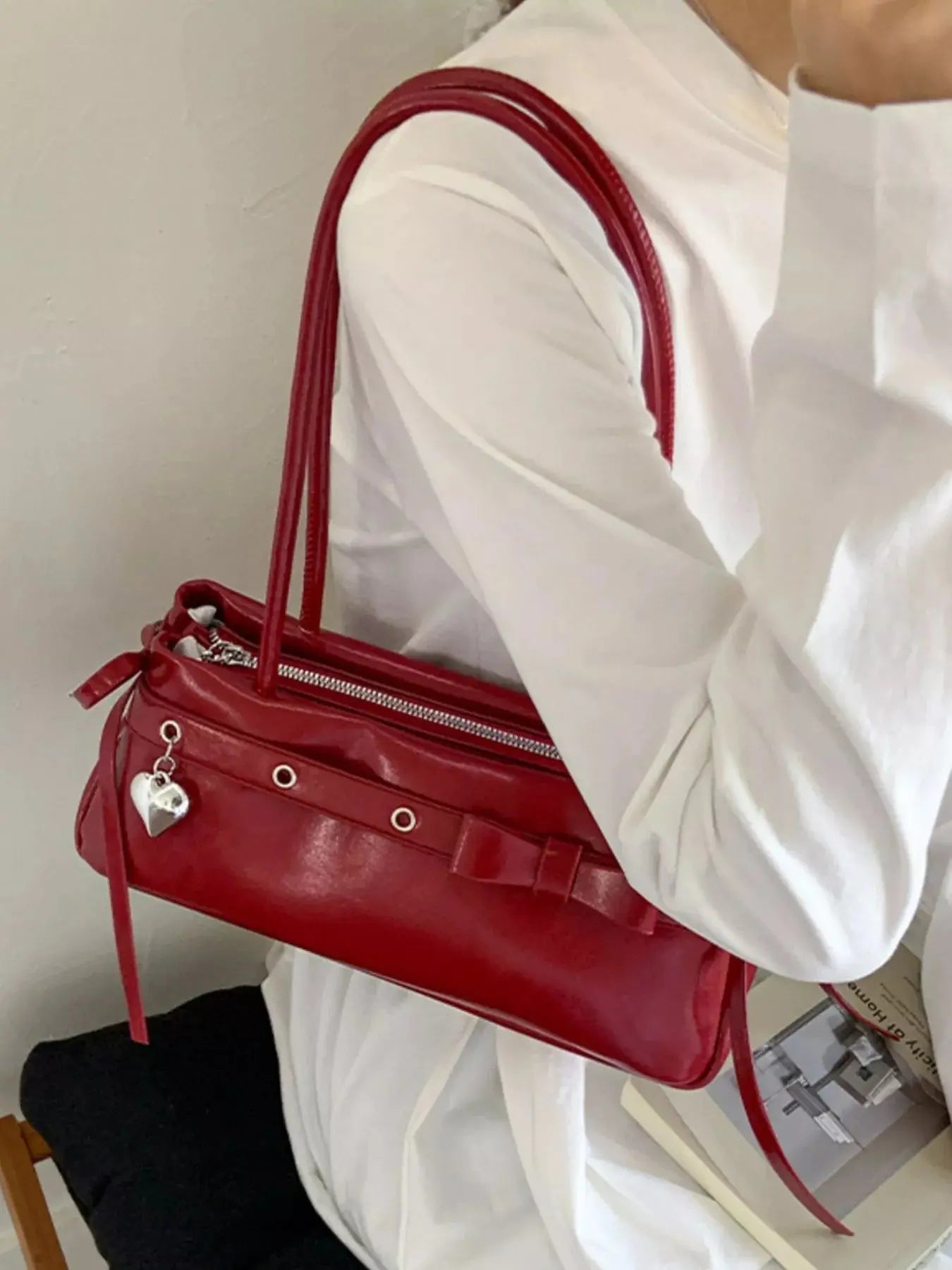 PU Leather Small Shoulder Bag With Heart Charm Elegant Tote Simply Love