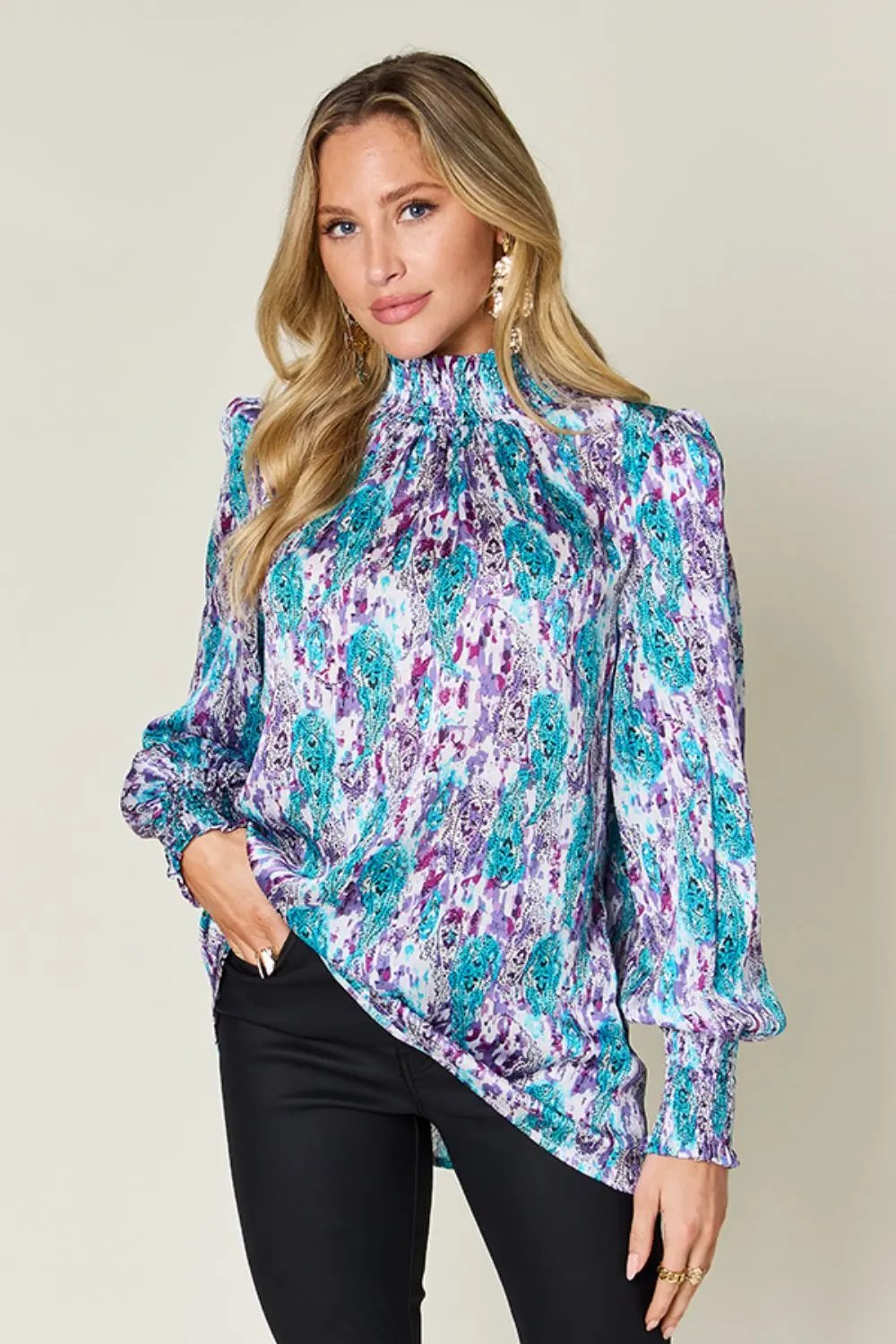 Double Take Full Size Printed Smocked Long Sleeve Blouse - Love Salve