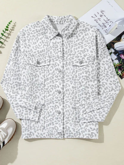 Leopard Button Up Long Sleeve Denim Jacket.