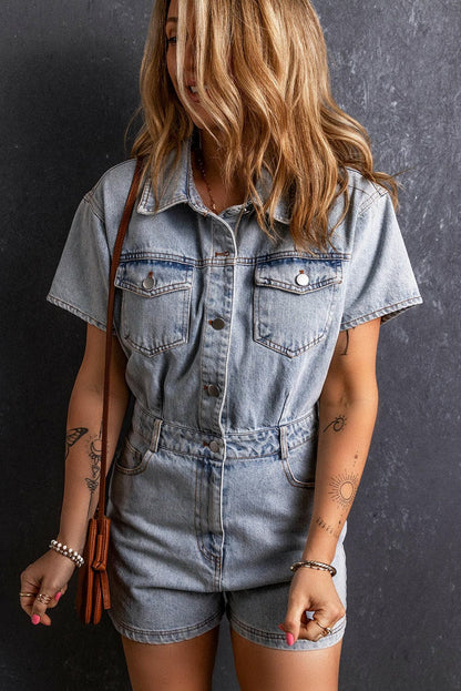 Collared Neck Short Sleeve Denim Romper.