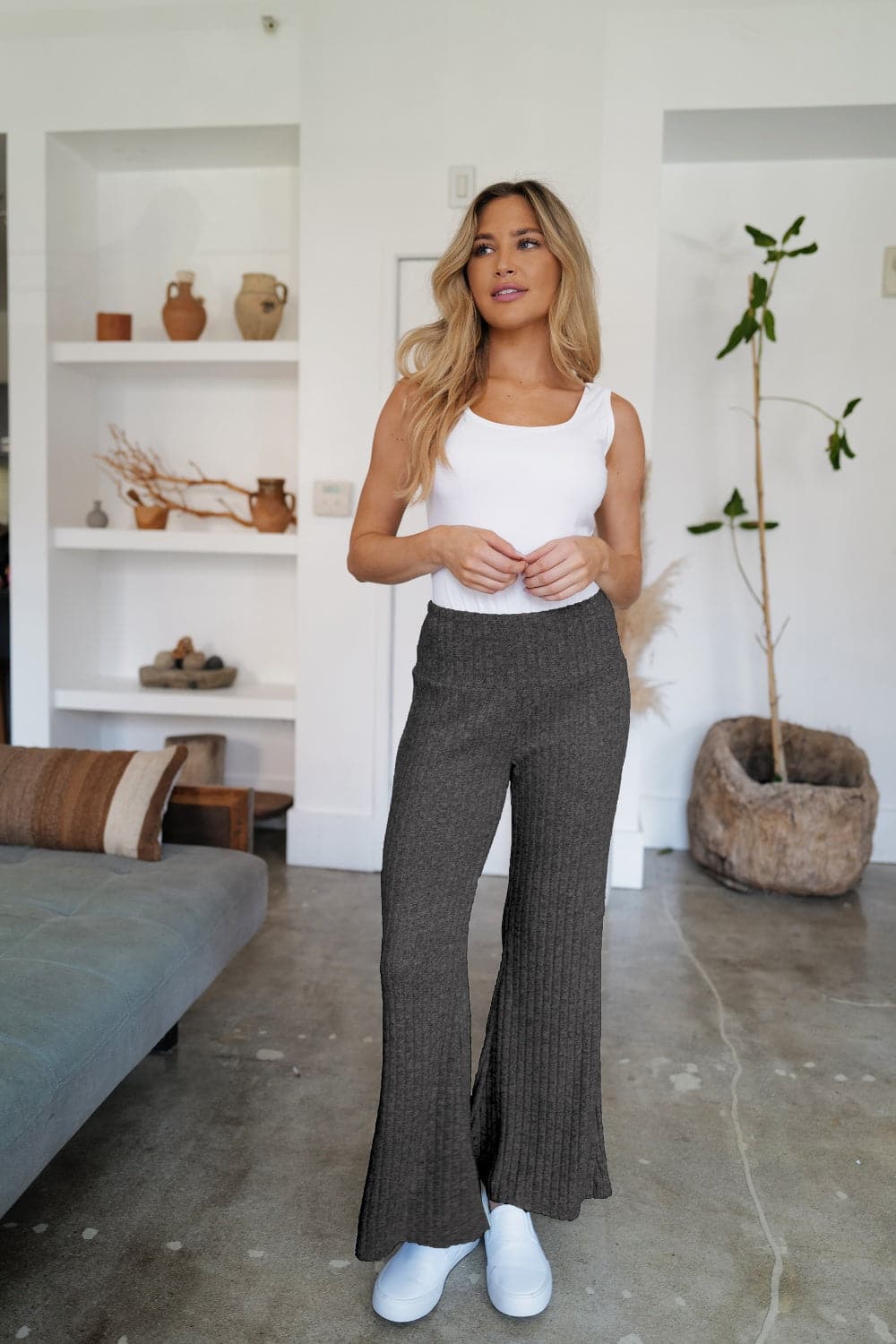 Ribbed High Waist Flare Pants.