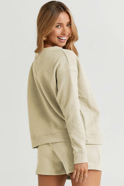 Double Take Full Size Texture Long Sleeve Top and Drawstring Shorts SeElevate Your Loungewear with Our Double Take Set
 Step into comfort and style with the Double Take Full Size Texture Long Sleeve Top and Drawstring Shorts Set. This Love Salve Full Size Texture Long Sleeve Topusa