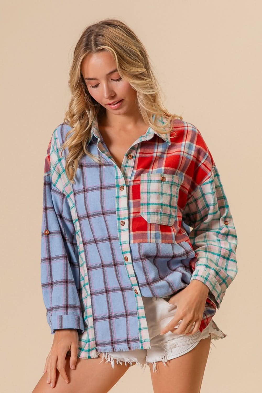 BiBi Color Block Plaid Button Down Shirt