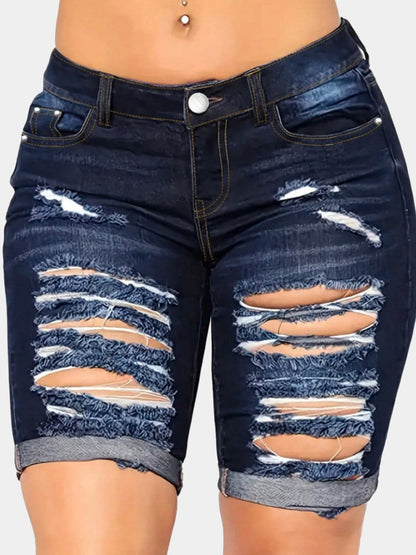 Distressed Denim Shorts with Pockets.