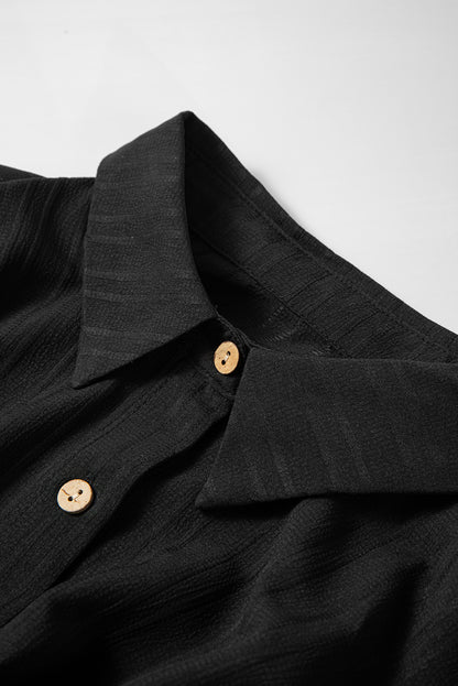 Black Solid Color Textured Buttoned Turn Down Collar Shirt