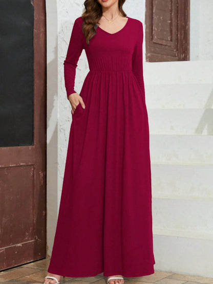 Pocketed V-Neck Long Sleeve Maxi Dress.