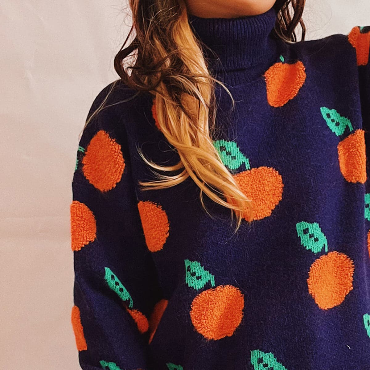 Fruit Pattern Turtleneck Dropped Sweater.