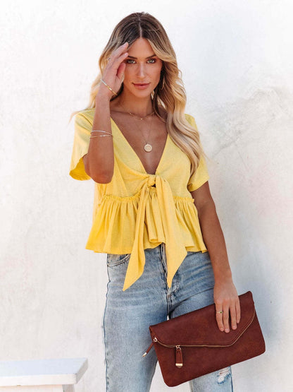 Tied Plunge Short Sleeve Blouse.