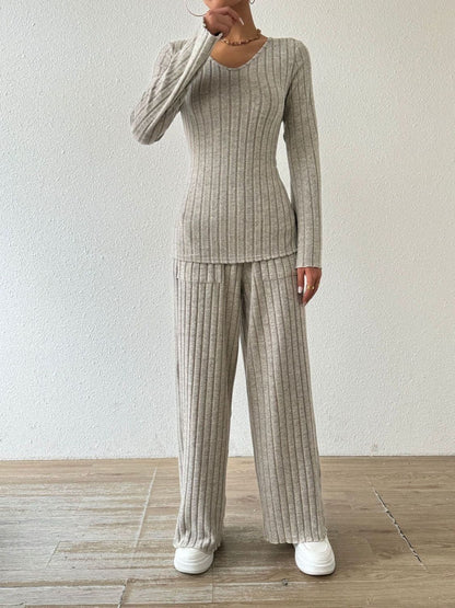 Chic ribbed V-neck long sleeve top and pocketed lounge pants set