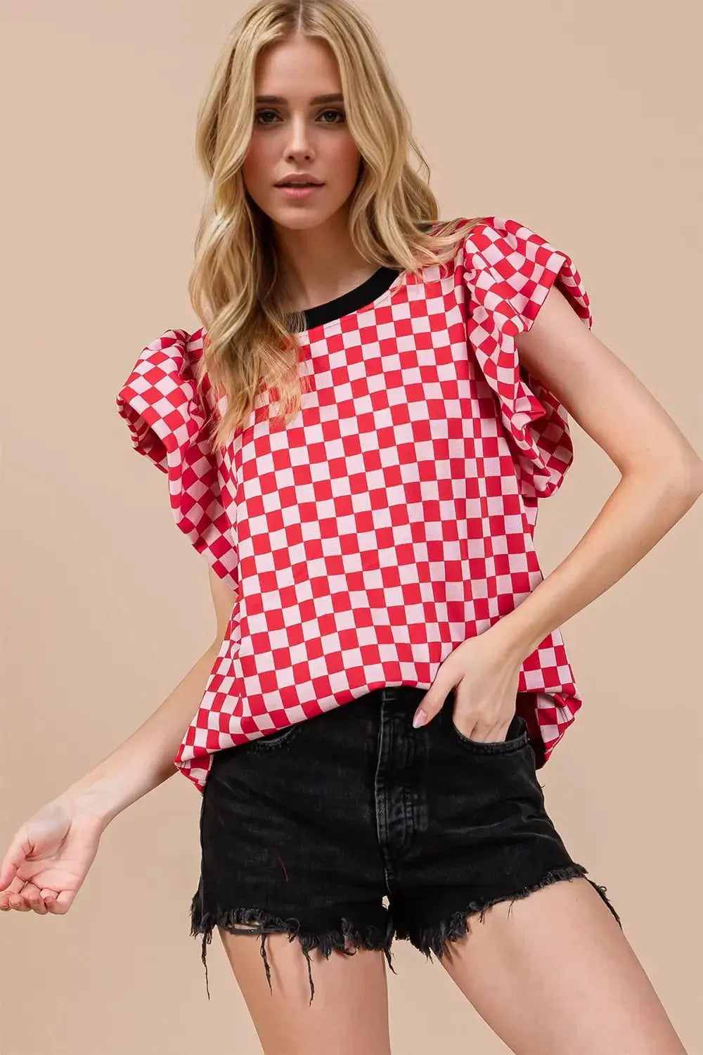 Oh Checkered Round Neck Puff Sleeve Blouse - Love Salve