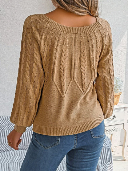 Cable-Knit Round Neck Long Sleeve Sweater.