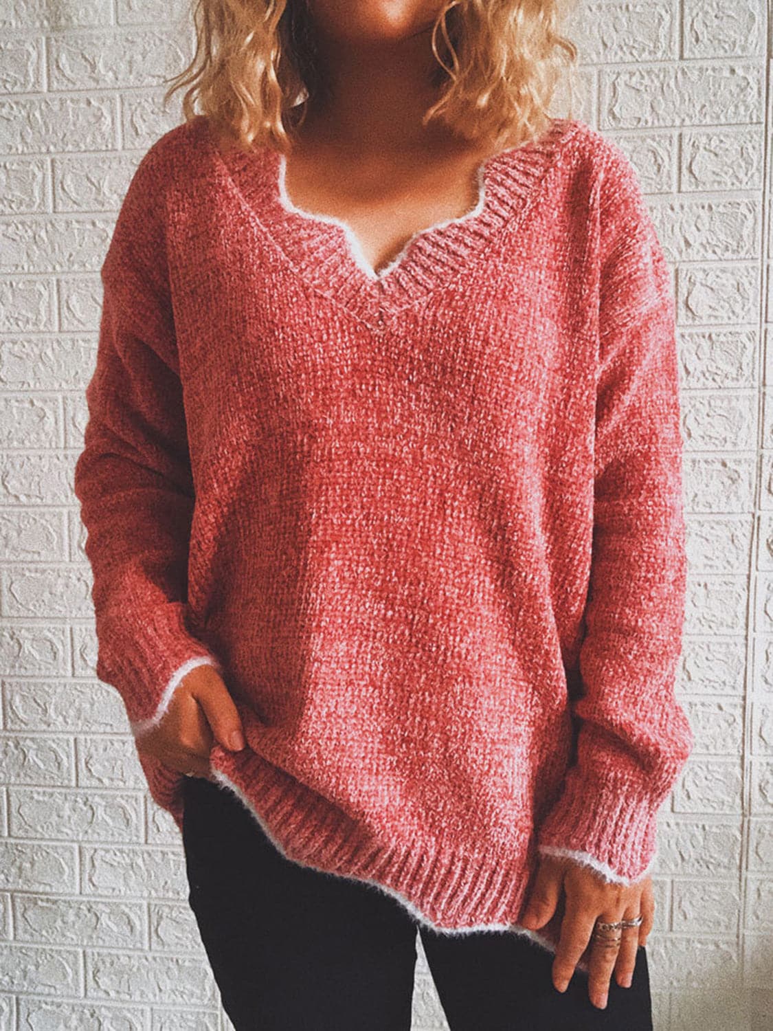 Notched Dropped Shoulder Long Sleeve Sweater.