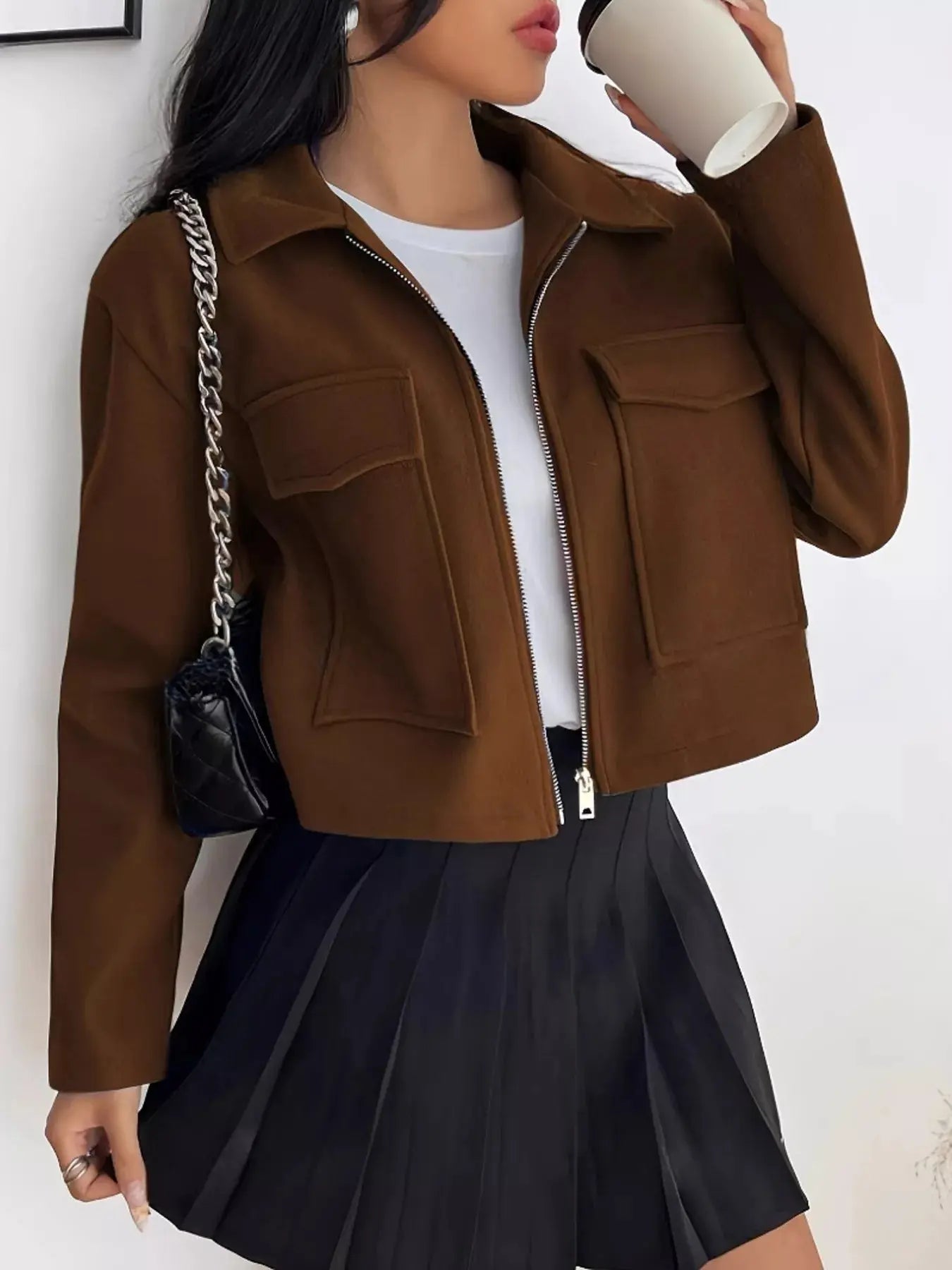 Cropped Zip-Up Pocketed Jacket Simply Love